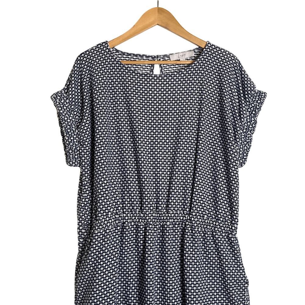 LOFT Navy & White Textured Stripe Blouson Dress XL Elastic Waist Short Sleeve - Picture 4 of 9